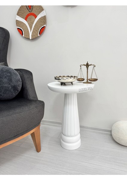 Ahşap Tekli Mantar Yan Sehpa Modern 50 cm Beyaz Renk Fiskos Çiçeklik