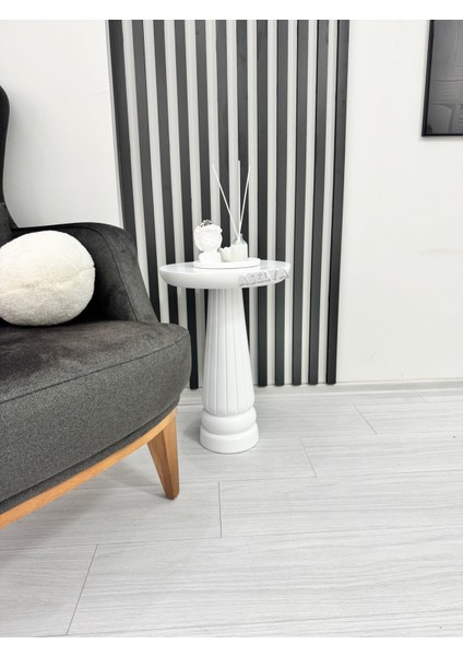 Ahşap Tekli Mantar Yan Sehpa Modern 50 cm Beyaz Renk Fiskos Çiçeklik