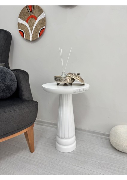 Ahşap Tekli Mantar Yan Sehpa Modern 50 cm Beyaz Renk Fiskos Çiçeklik