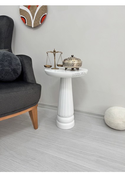 Ahşap Tekli Mantar Yan Sehpa Modern 50 cm Beyaz Renk Fiskos Çiçeklik