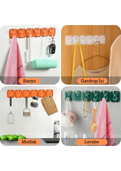 Kendinden Yapışkanlı Askı Tek Parça Renkli 6 Kancalı Pratik Duvar, Banyo, Mutfak Askısı