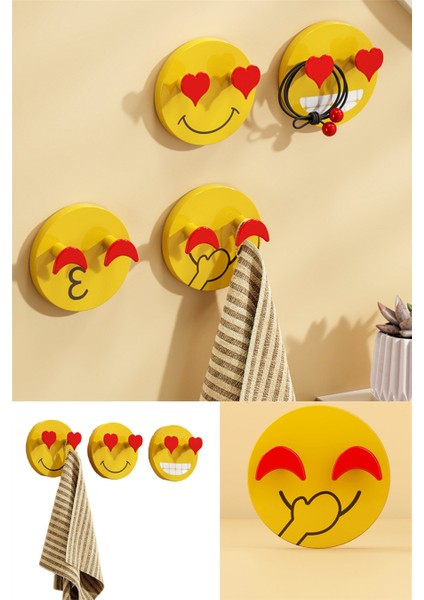 Kendinden Yapışkanlı Kalp Emojili Askı Pratik Elbise Mutfak Askısı Sevimli 2 Kancalı Kalpli Emoji