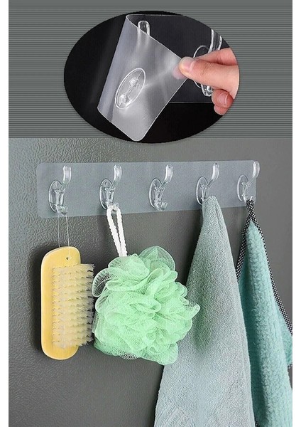 Şeffaf Askı Kendinden Yapışkanlı 5 Kancalı Mutfak, Banyo Askısı