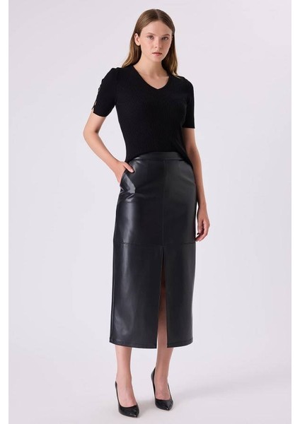 Lara Yırtmaç Detaylı Kadın Deri Etek 342113013