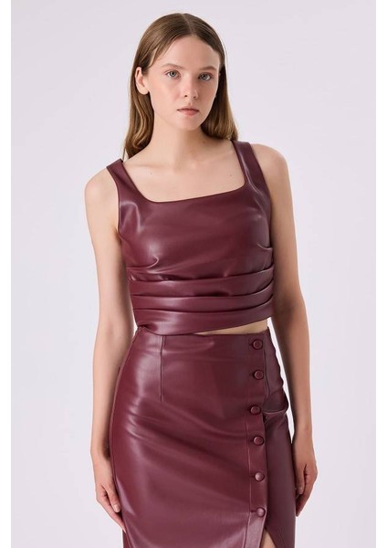 Büzgülü Deri Kadın Crop Bluz 342114029