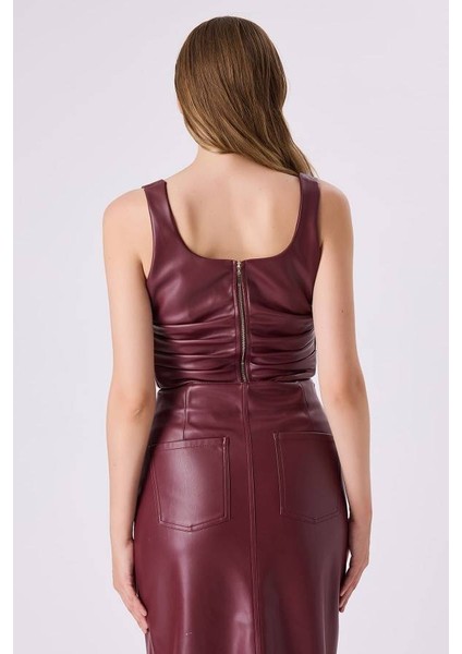 Büzgülü Deri Kadın Crop Bluz 342114029 fırsatları