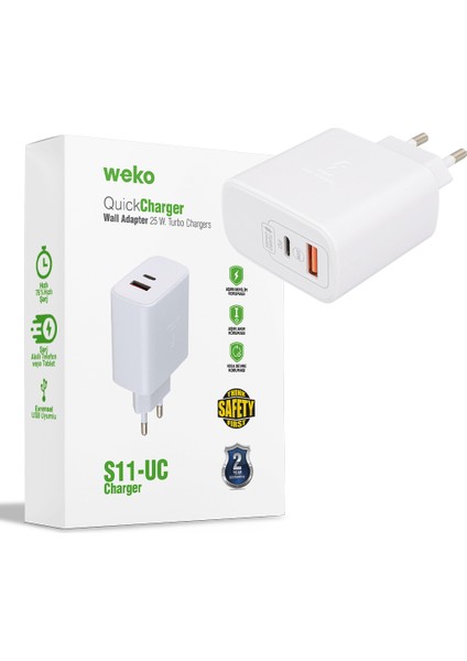 WK-21446 S11-UC 25 Watt 3.0 Amper Type-C + USB Şarj Başlık Adaptörü (4767) - Lisinya