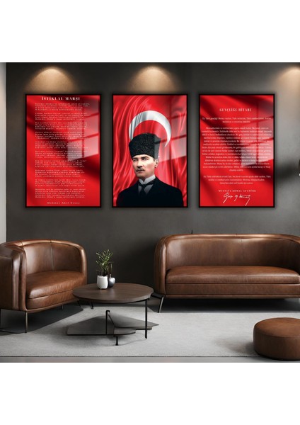 3'lü Metal Çerçeveli Cam Tablo Seti Kalpaklı Atatürk Istiklal Marşı ve Gençliğe Hitabe