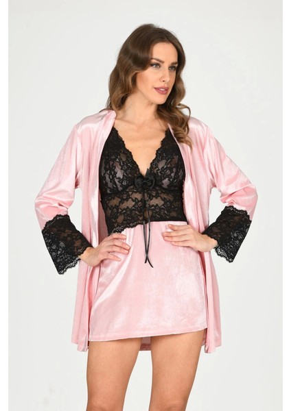 Pudra Kadife Sabahlık & Gecelik Takım 2' Li - 1446