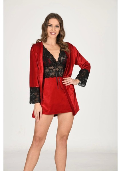 Kırmızı Kadife Sabahlık & Gecelik Takım 2' Li - 1442