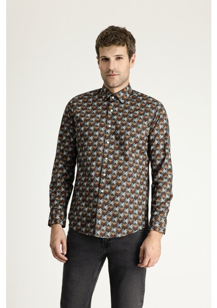 Uzun Kol Baskılı Slim Fit Dar Kesim Pamuk Gömlek indirimleri