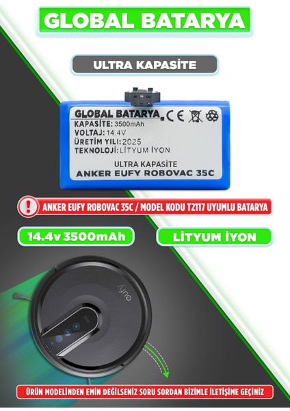 Anker Eufy Robovac 35C Uyumlu Robot Süpürge Bataryası 14.4V 3500MAH Li-Ion Pil (Ultra Kapasite)