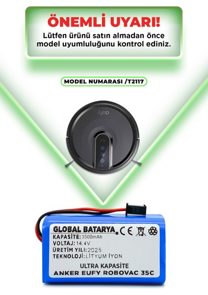Anker Eufy Robovac 35C Uyumlu Robot Süpürge Bataryası 14.4V 3500MAH Li-Ion Pil (Ultra Kapasite)