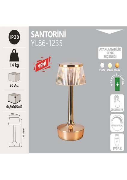 Masa Lambası Santorini, Şarj Edilebilir, Dokunmatik, Dimlenebilir, Type-C, Ayarlanabilir 3 Renk (6500K, 4000K, 3200K), 120MM x 233MM