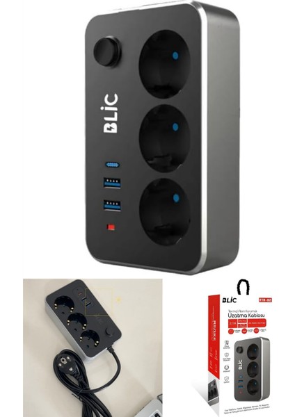 2 Metre Siyah Akım Çocuk Korumalı Uzatma Kablosu Çoklu Priz 2 USB Type-C 3lü Grup