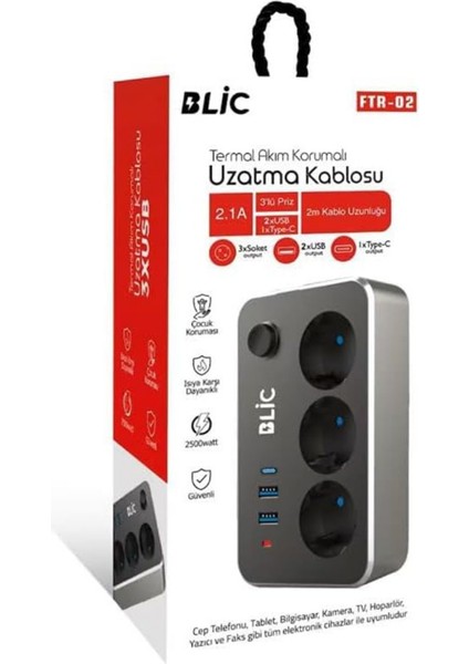 2 Metre Siyah Akım Çocuk Korumalı Uzatma Kablosu Çoklu Priz 2 USB Type-C 3lü Grup
