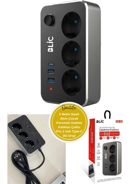 2 Metre Siyah Akım Çocuk Korumalı Uzatma Kablosu Çoklu Priz 2 USB Type-C 3lü Grup