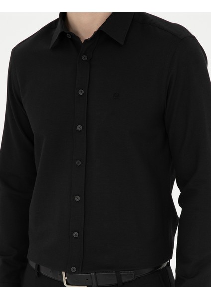 Erkek Siyah Slim Fit Armürlü Uzun Kollu Gömlek 50289391-VR046