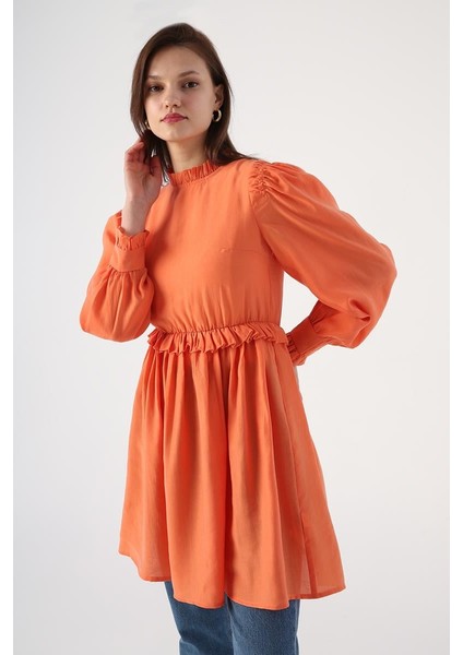 Oranj-Fırfır Detaylı Beli Büzgülü Tunik