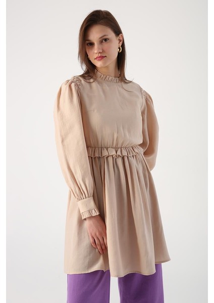 Bej-Fırfır Detaylı Beli Büzgülü Tunik