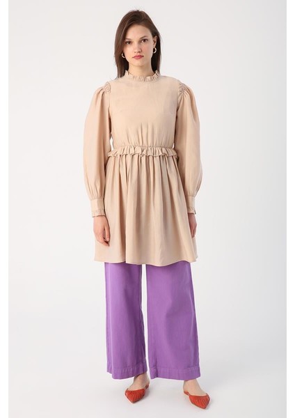 Bej-Fırfır Detaylı Beli Büzgülü Tunik fiyatları