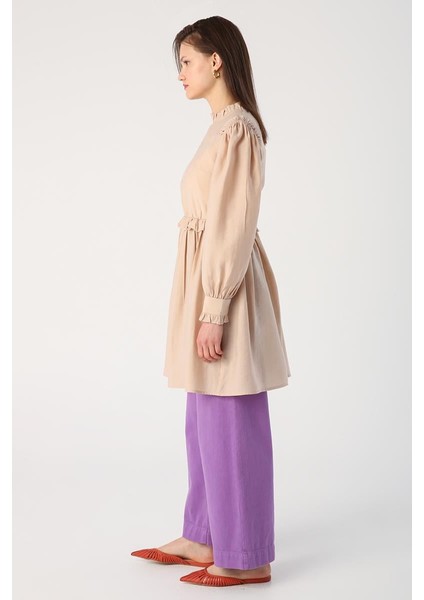 Bej-Fırfır Detaylı Beli Büzgülü Tunik modelleri