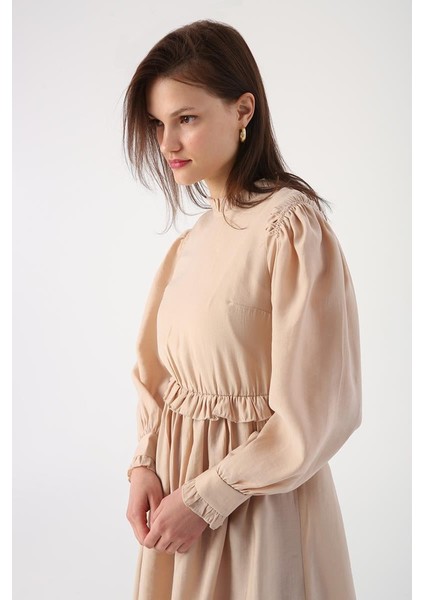 Bej-Fırfır Detaylı Beli Büzgülü Tunik indirimleri