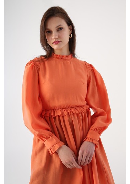 Oranj-Fırfır Detaylı Beli Büzgülü Tunik indirimleri
