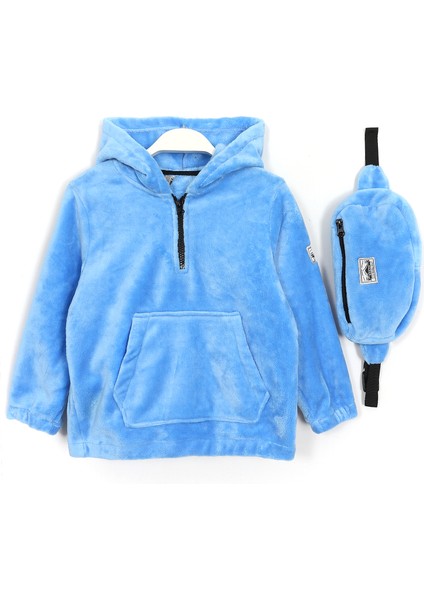 Kanguru Cep Çanta Aksesuarlı Polar Unisex Bebek & Çocuk Kapüşonlu Sweatshirt Mavi 001-0001969