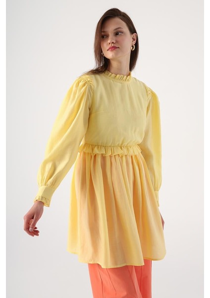 Açık Sarı-Fırfır Detaylı Beli Büzgülü Tunik
