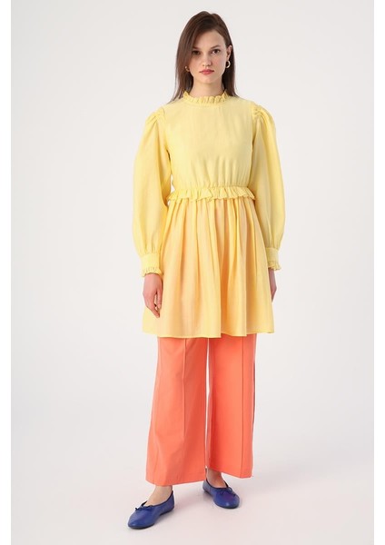 Açık Sarı-Fırfır Detaylı Beli Büzgülü Tunik