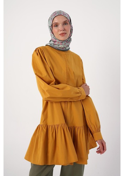 Hardal-Nervürlü Yakasız Pamuklu Tunik