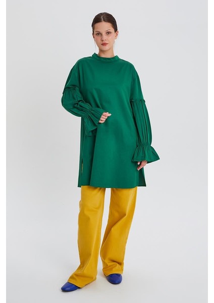Yeşil-Kolu Lastikli Fırfır Detaylı Tunik fiyatları
