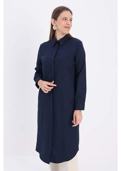 Lacivert-Gizli Patlı Uzun Gömlek