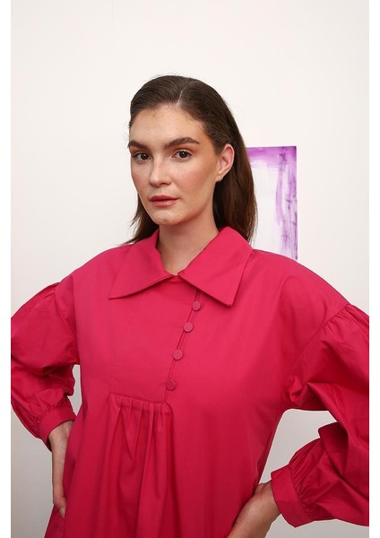 Koyu Pembe-Gömlek Yakalı Büzgü Detaylı Oversize Tunik