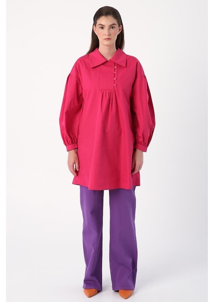 Koyu Pembe-Gömlek Yakalı Büzgü Detaylı Oversize Tunik