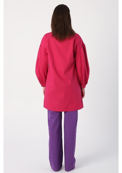 Koyu Pembe-Gömlek Yakalı Büzgü Detaylı Oversize Tunik