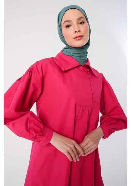 Koyu Pembe-Gömlek Yakalı Büzgü Detaylı Oversize Tunik