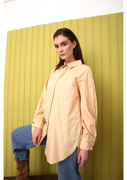 Bej-Oversize Kol Pile Detaylı Gömlek Tunik