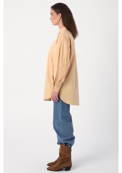 Bej-Oversize Kol Pile Detaylı Gömlek Tunik