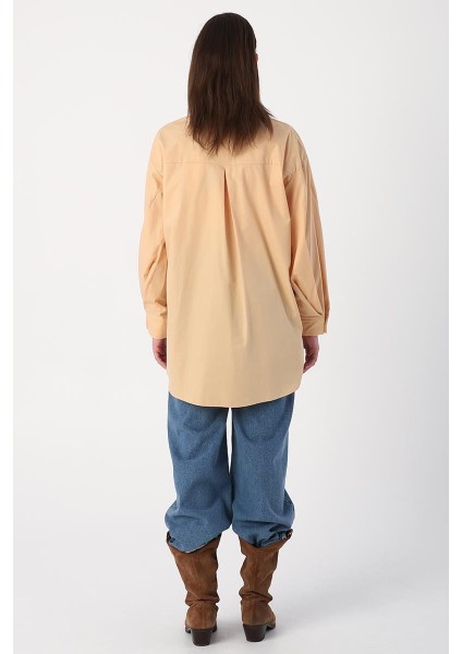 Bej-Oversize Kol Pile Detaylı Gömlek Tunik