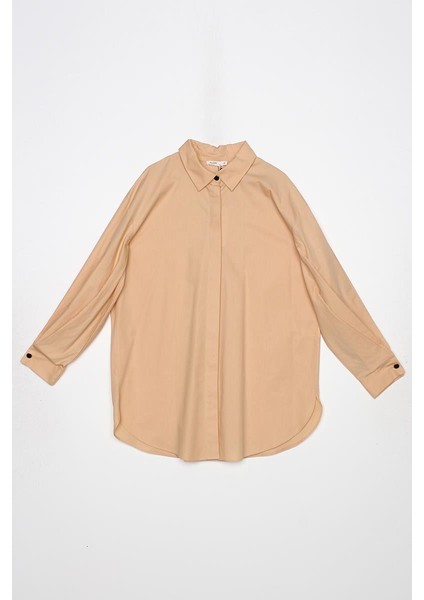 Bej-Oversize Kol Pile Detaylı Gömlek Tunik