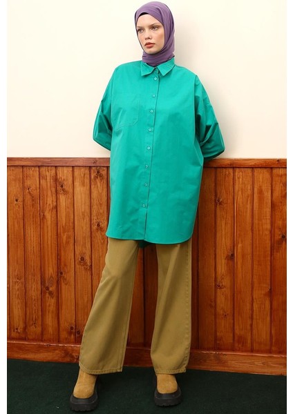 Yeşil-Oversize Cepli Gömlek Tunik