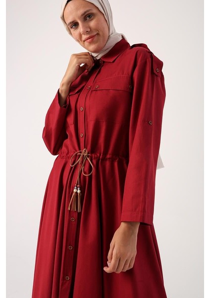 Koyu Bordo-Asimetrik Etekli Apoletli Gömlek Tunik