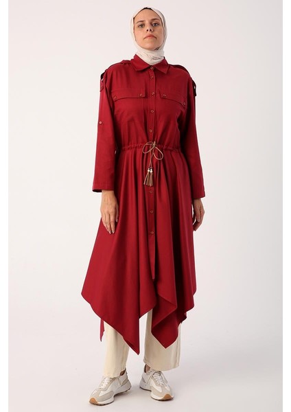 Koyu Bordo-Asimetrik Etekli Apoletli Gömlek Tunik fiyatları