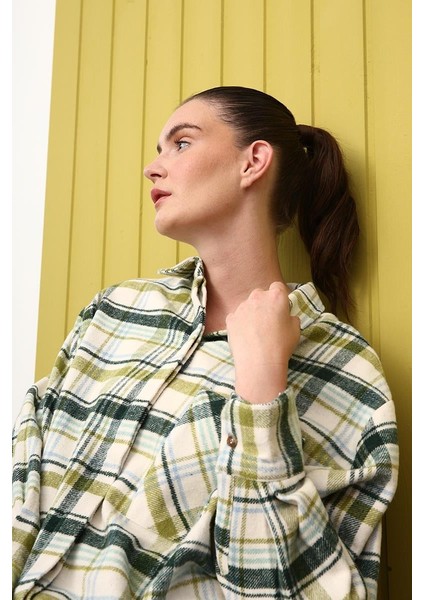 Yeşil-Ekru-Rahat Kalıp Gömlek Tunik indirimleri