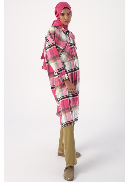 Pembe-Ekru-Oduncu Ekoseli Gömlek Tunik