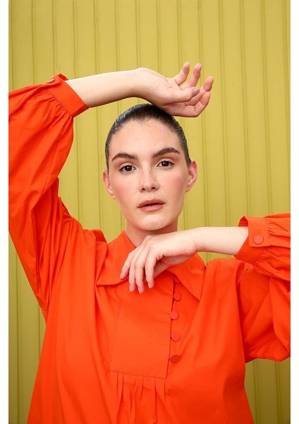 Koyu Turuncu-Gömlek Yakalı Büzgü Detaylı Oversize Tunik