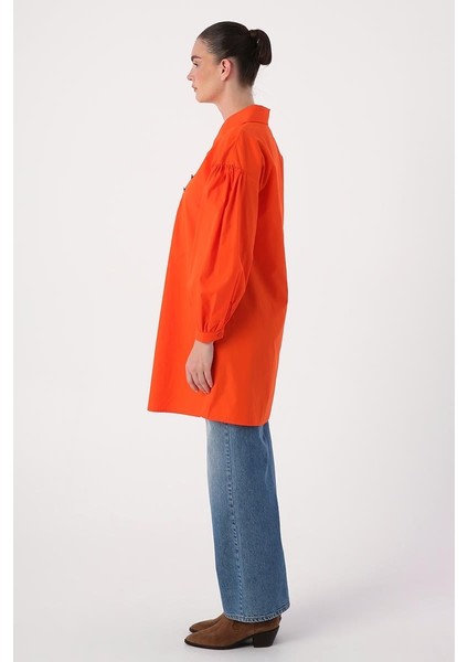 Koyu Turuncu-Gömlek Yakalı Büzgü Detaylı Oversize Tunik modelleri