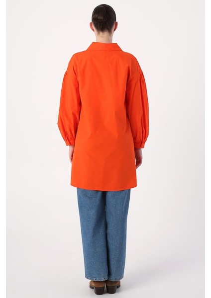 Koyu Turuncu-Gömlek Yakalı Büzgü Detaylı Oversize Tunik fırsatları